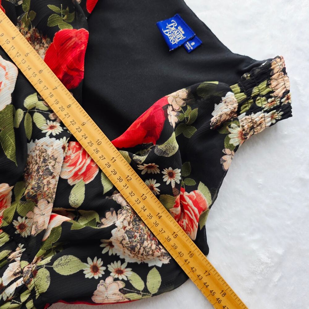 Disney Beauty Beast Maxi Dress S Black Floral Wrap Tie Cottage Romantic Feminine - Picture 16 of 16